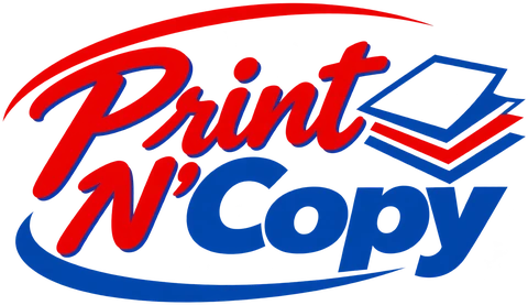 Print N’Copy logo: Print N’ in red script, Copy in blue, beside a stack of paper