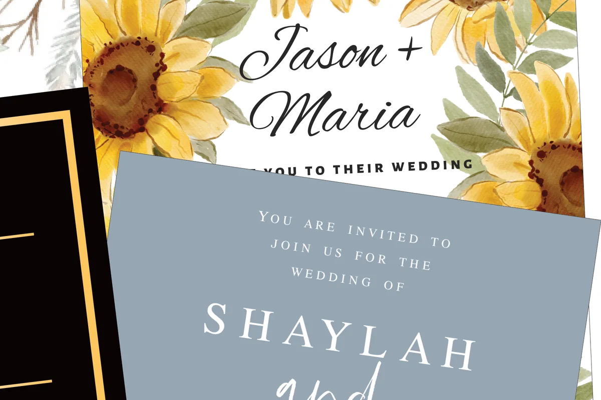 Two wedding invitations printed by Print N’Copy, one with watercolor sunflowers and one in dusty blue