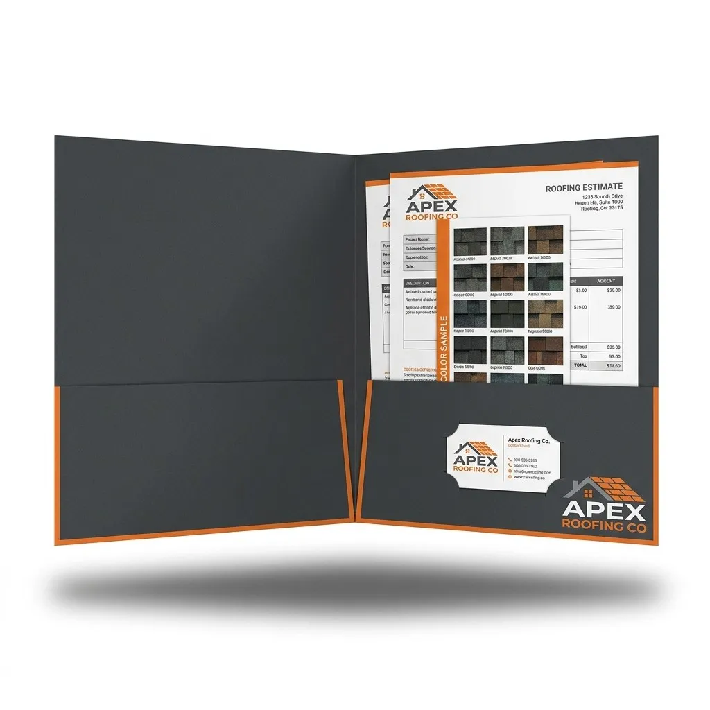 A dark grey presentation folder with orange trim holding an estimate sheet and a business card