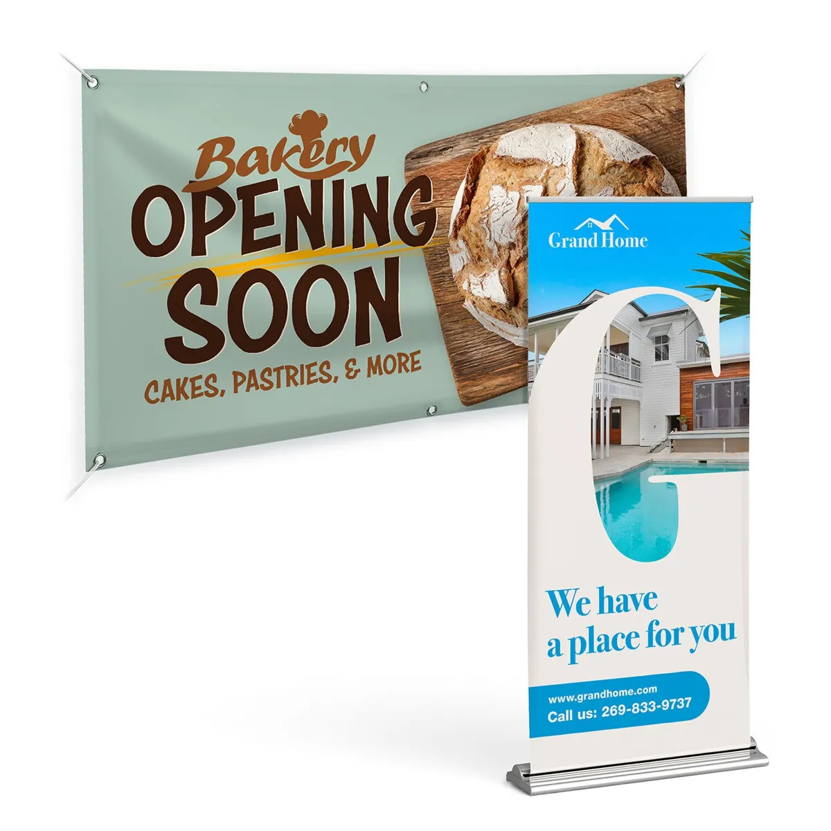 A vinyl banner with grommets reading Bakery Opening Soon, beside a roll-up banner on a stand