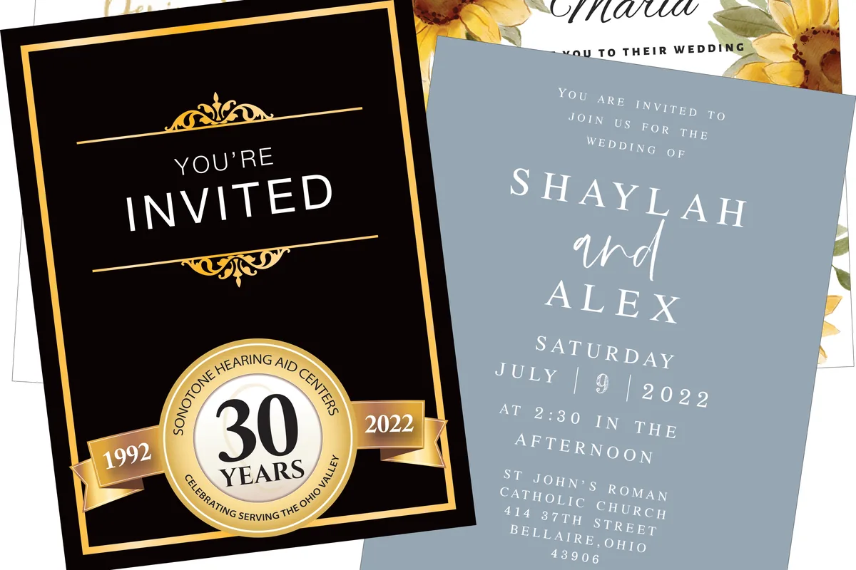 An anniversary invitation for a local business and a wedding invitation, both printed by Print N’Copy