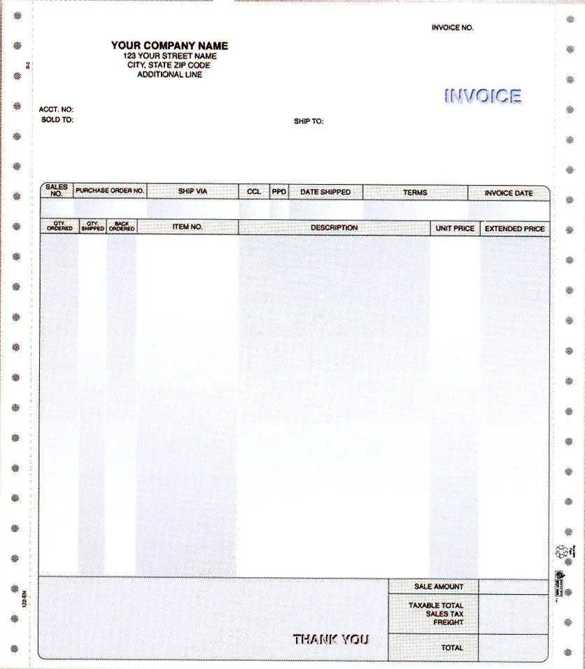 A blank multi-part invoice form with pin-feed holes down both sides
